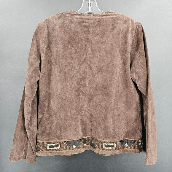 Laura Ashley Nubuck Leather Blazer Jacket L Brown Beaded Sequin Embroidered New - Picture 12 of 13